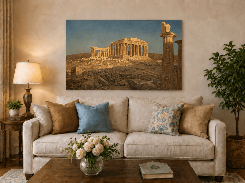 Parthenon in golden light hand-painted oil artwork displayed in a second interior view.