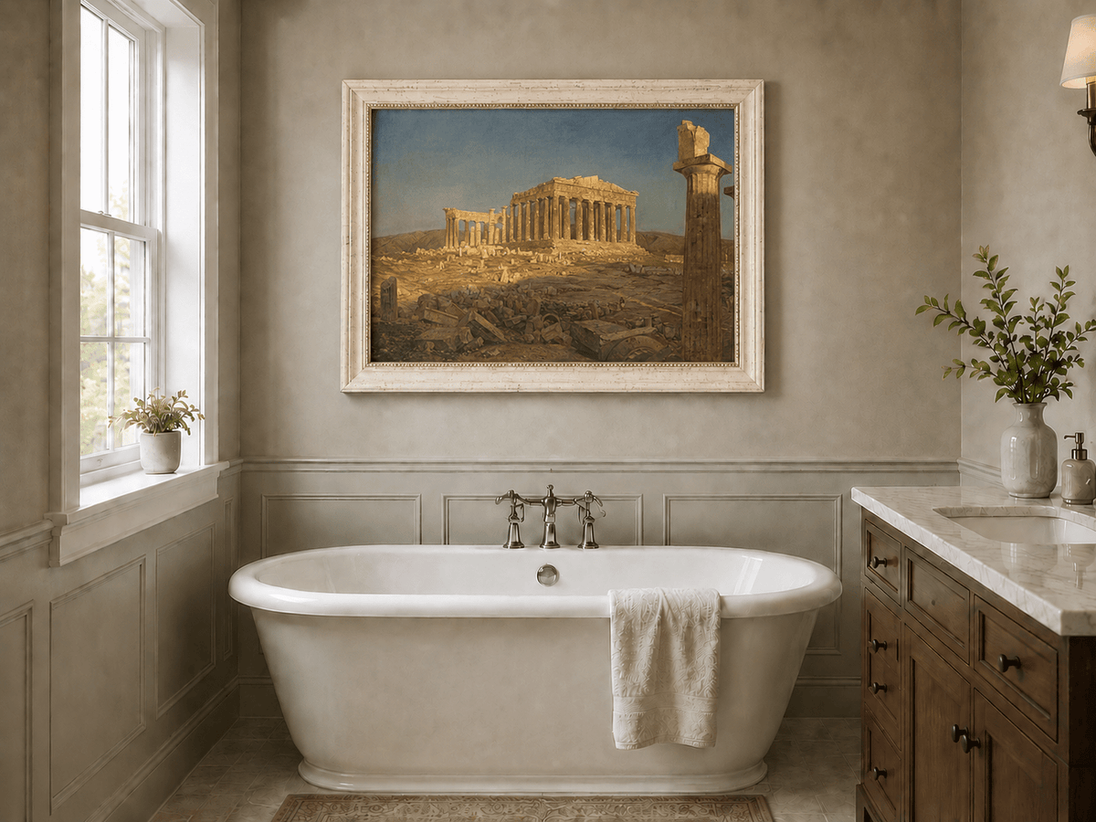 Athens ruins landscape oil painting presented as interior home decor.
