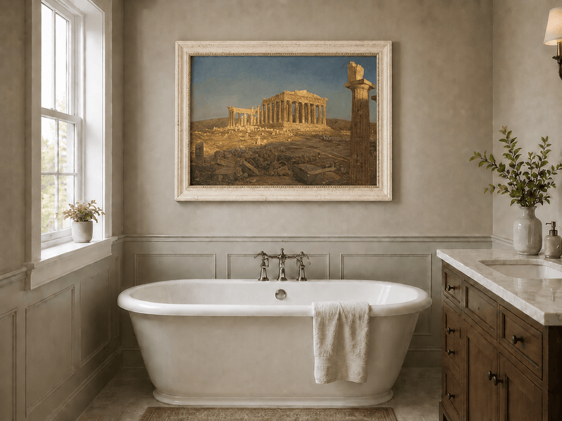 Athens ruins landscape oil painting presented as interior home decor.