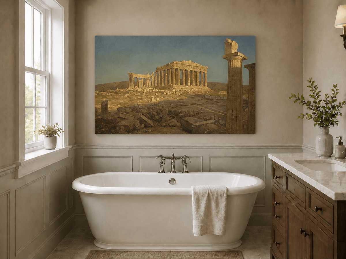 Parthenon ruins in golden light Athens landscape oil painting presented as styled home decor.