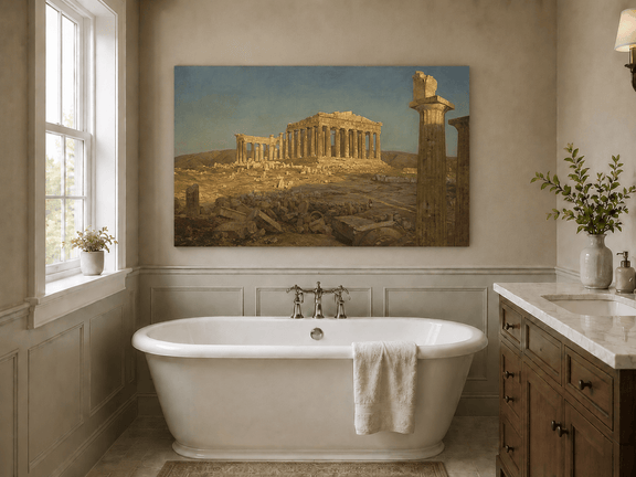 Parthenon ruins in golden light Athens landscape oil painting presented as styled home decor.