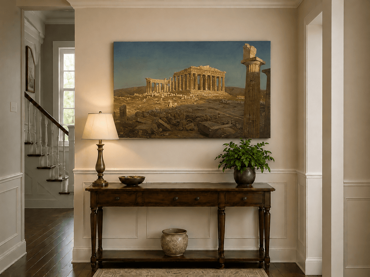 Classical Athens ruins landscape painting shown as decorative oil wall art.