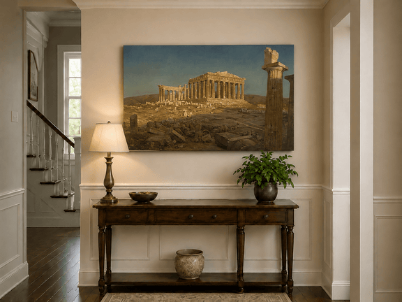 Classical Athens ruins landscape painting shown as decorative oil wall art.