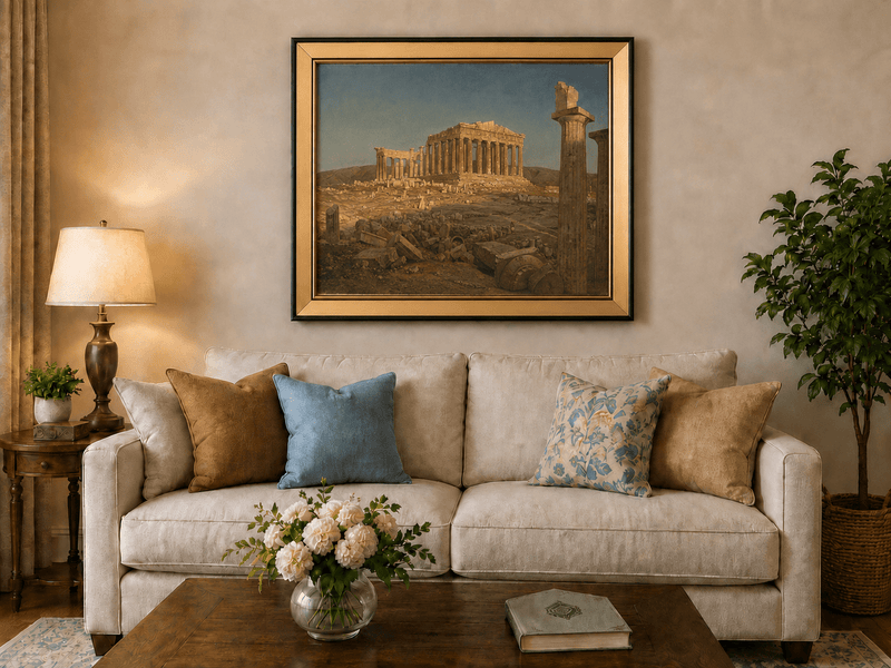 Parthenon ruins in golden light Athens landscape oil painting displayed in a styled home interior.