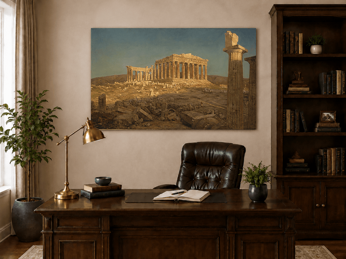 Interior wall art view featuring the Parthenon ruins in golden light oil painting.