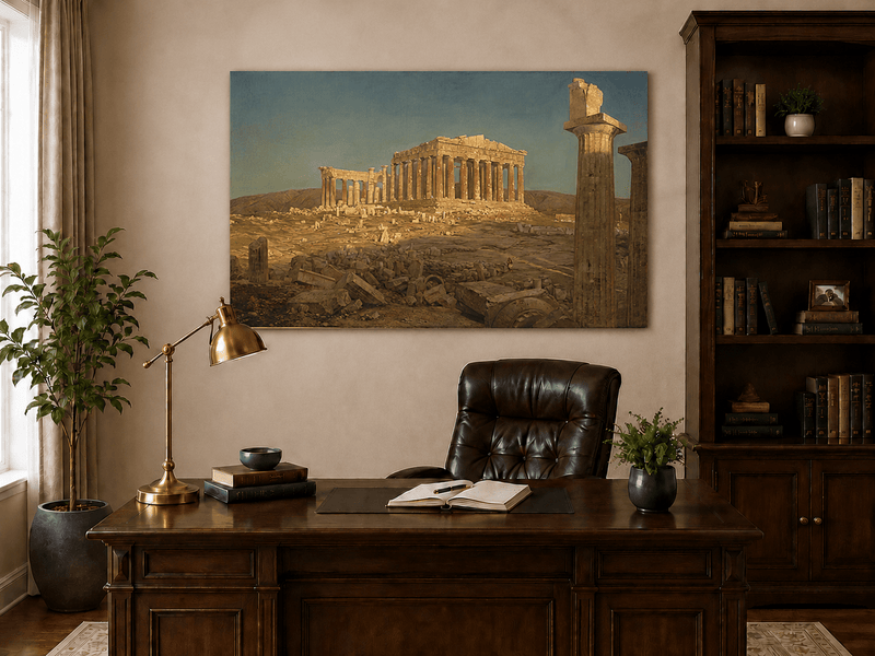 Interior wall art view featuring the Parthenon ruins in golden light oil painting.