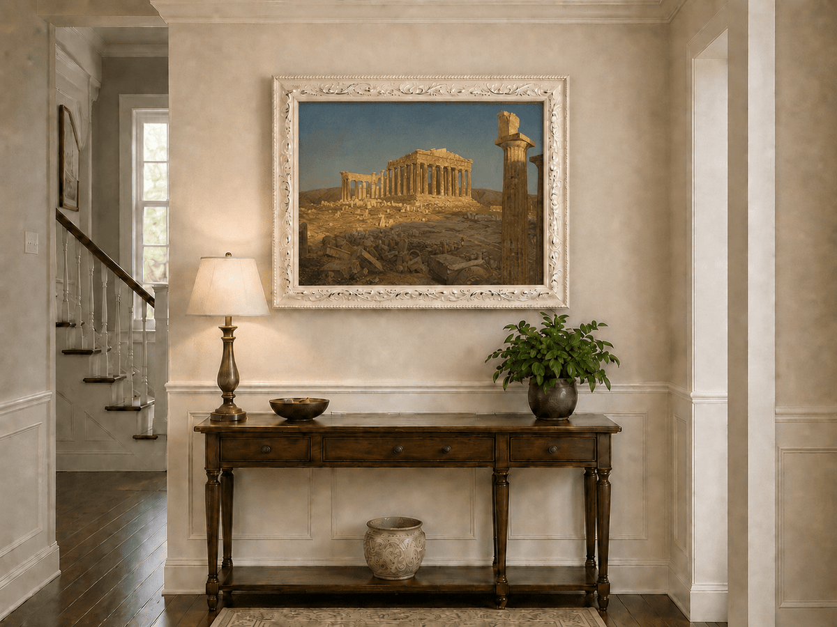 Athens Parthenon ruins in golden light hand-painted oil artwork shown as home wall decor.