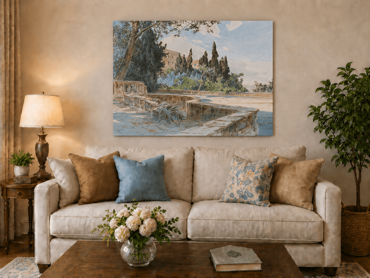 Peinture à l'huile de paysage - Gouffre rocheux spectaculaire avec personnages