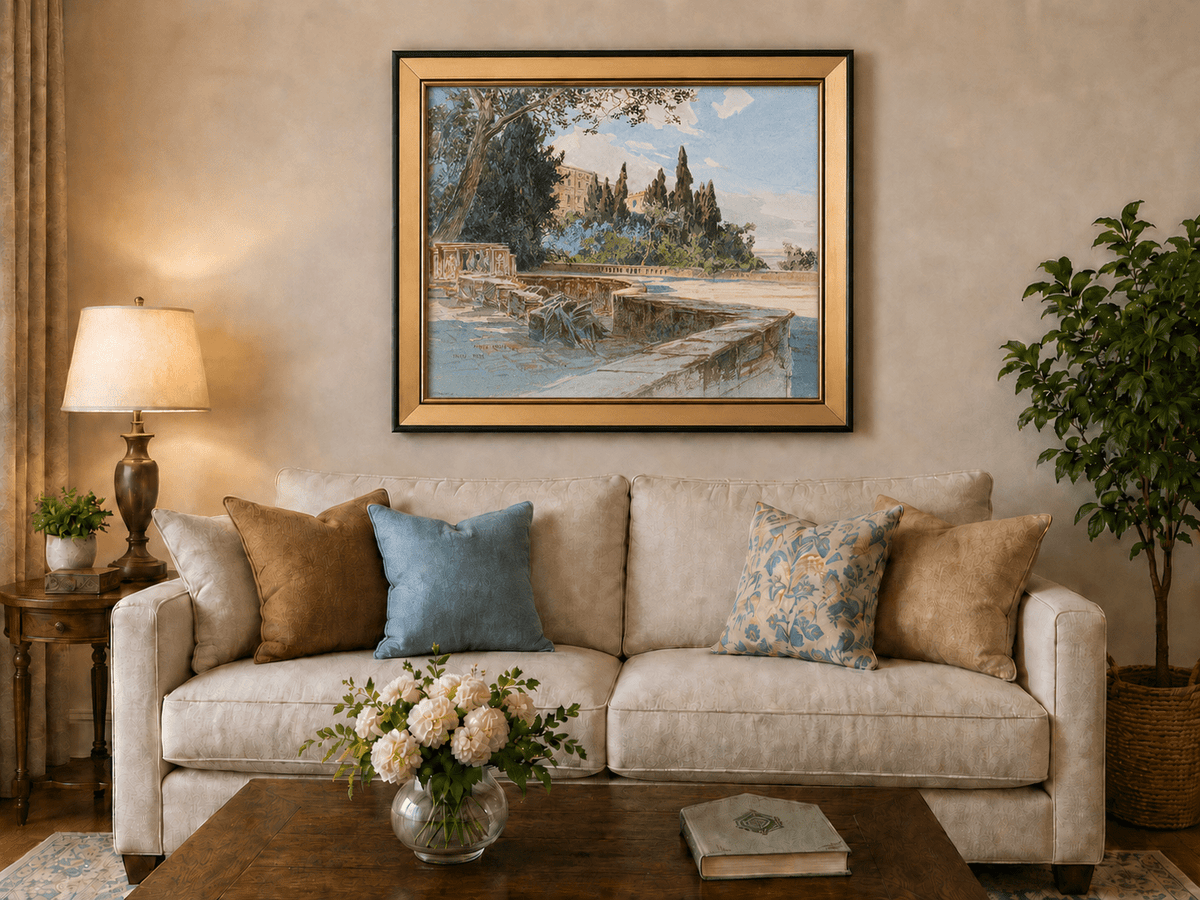 Peinture à l'huile de paysage - Gouffre rocheux spectaculaire avec personnages