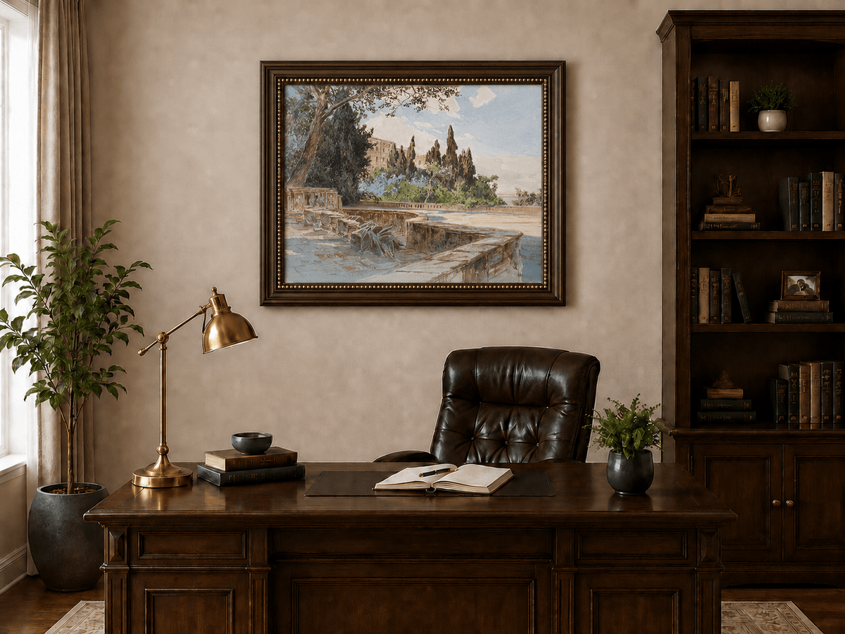 Peinture à l'huile de paysage - Gouffre rocheux spectaculaire avec personnages