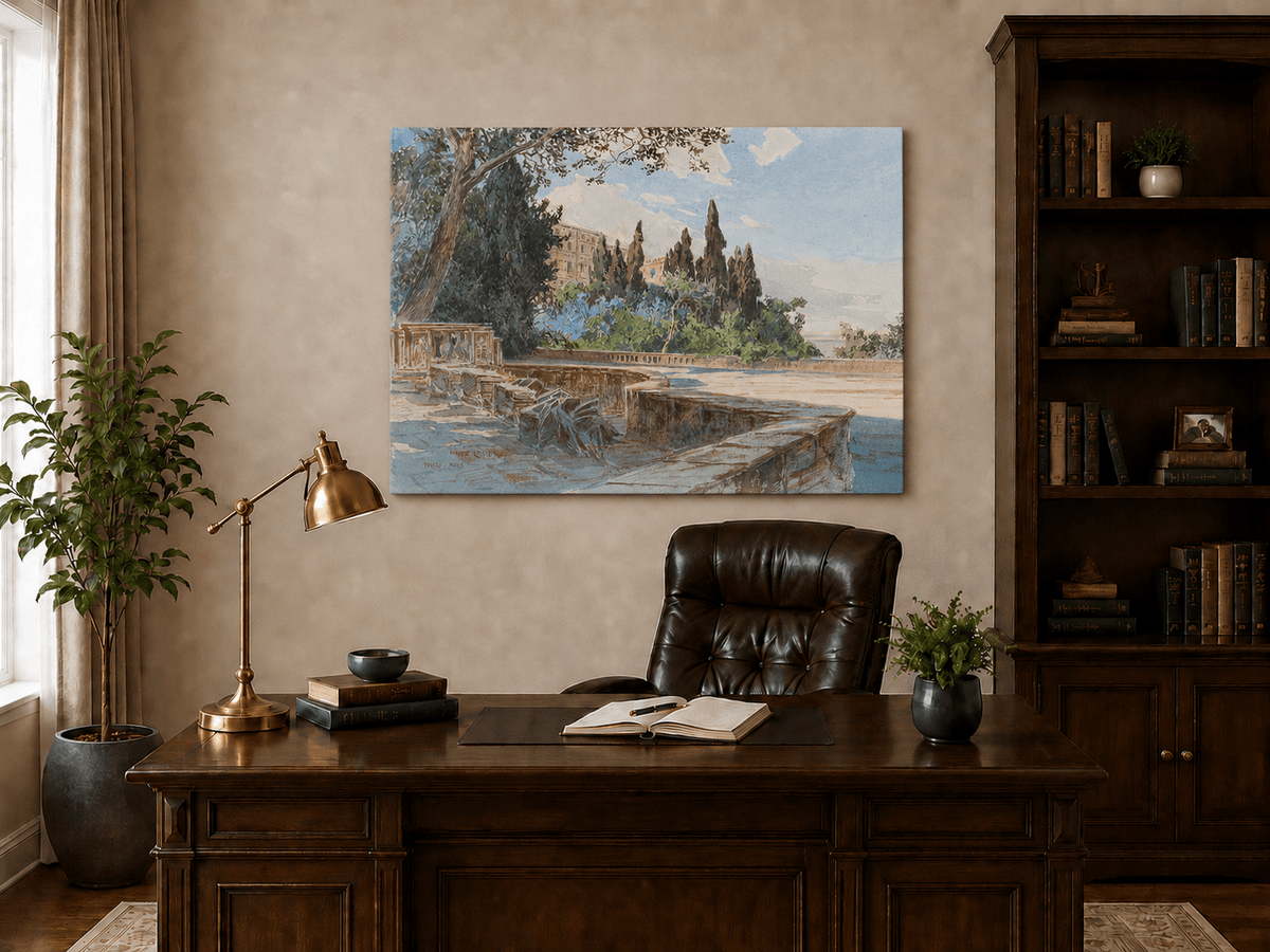 Peinture à l'huile de paysage - Gouffre rocheux spectaculaire avec personnages