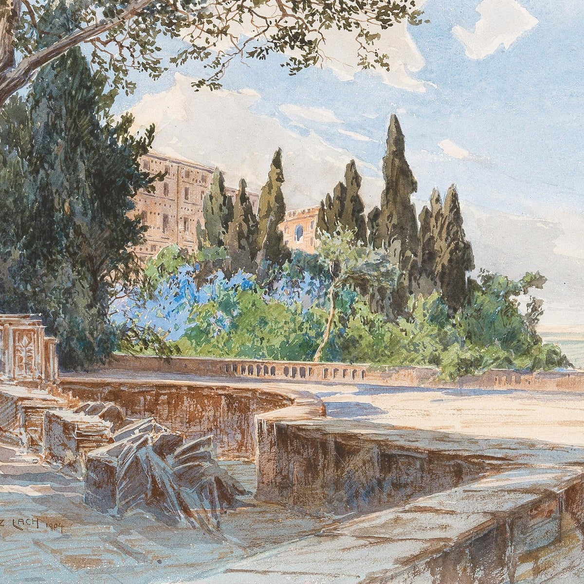 Hand-painted tivoli terrace with cypress garden view landscape oil painting on canvas