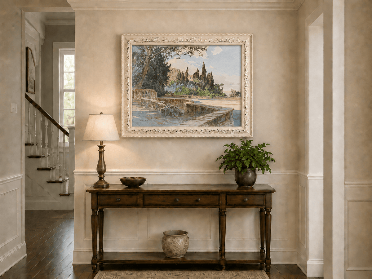 Peinture à l'huile de paysage - Gouffre rocheux spectaculaire avec personnages