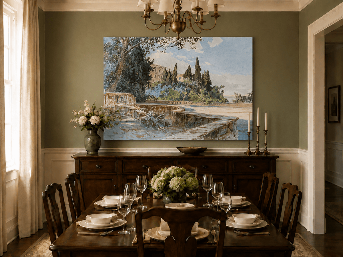 Peinture à l'huile de paysage - Gouffre rocheux spectaculaire avec personnages