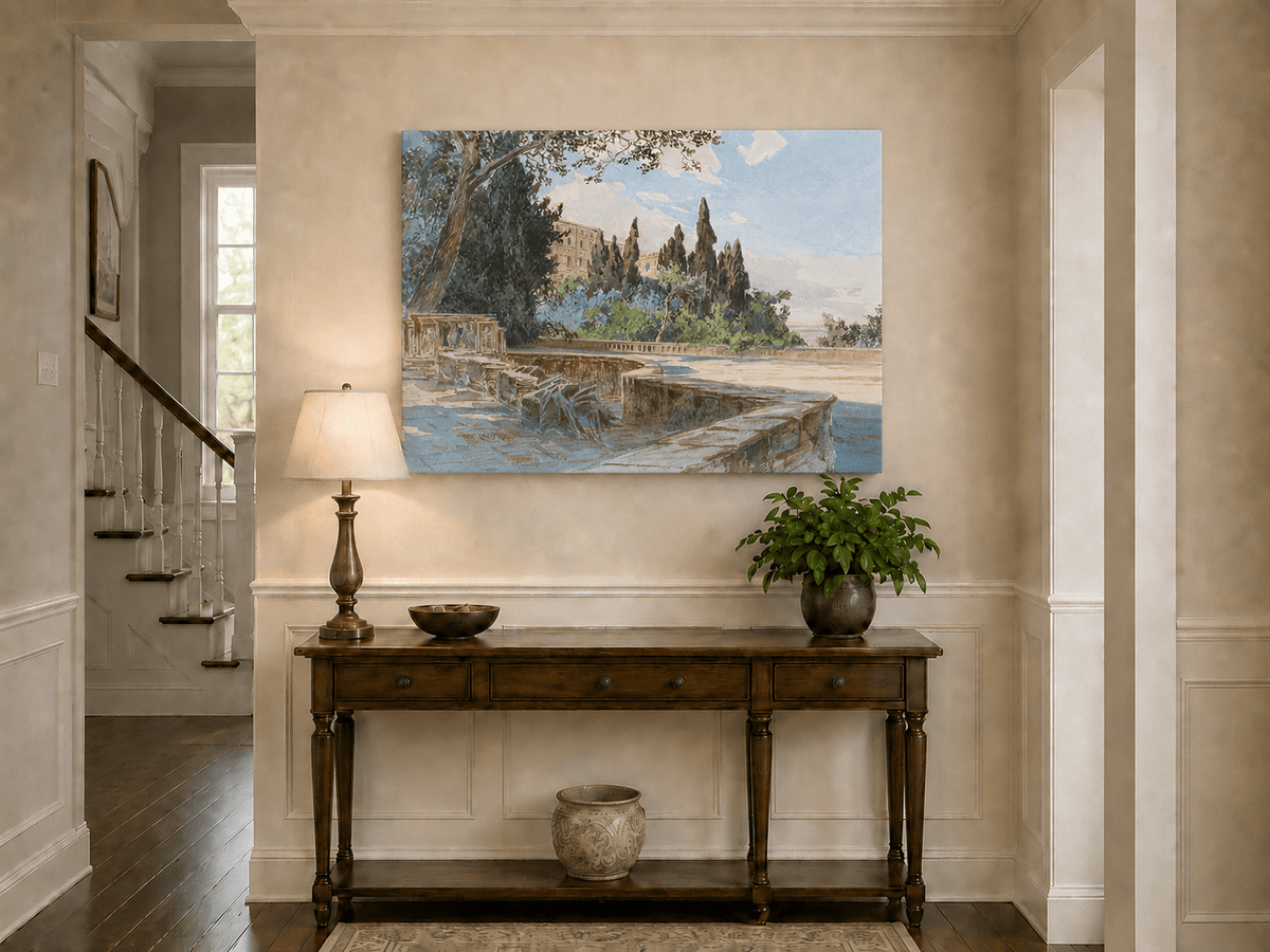 Peinture à l'huile de paysage - Gouffre rocheux spectaculaire avec personnages