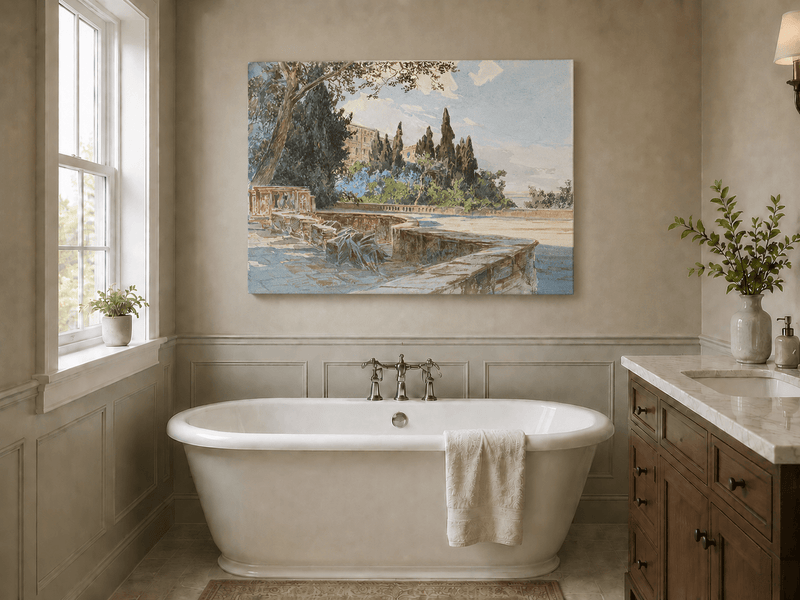 Peinture à l'huile de paysage - Gouffre rocheux spectaculaire avec personnages