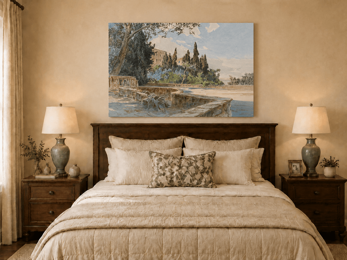 Peinture à l'huile de paysage - Gouffre rocheux spectaculaire avec personnages