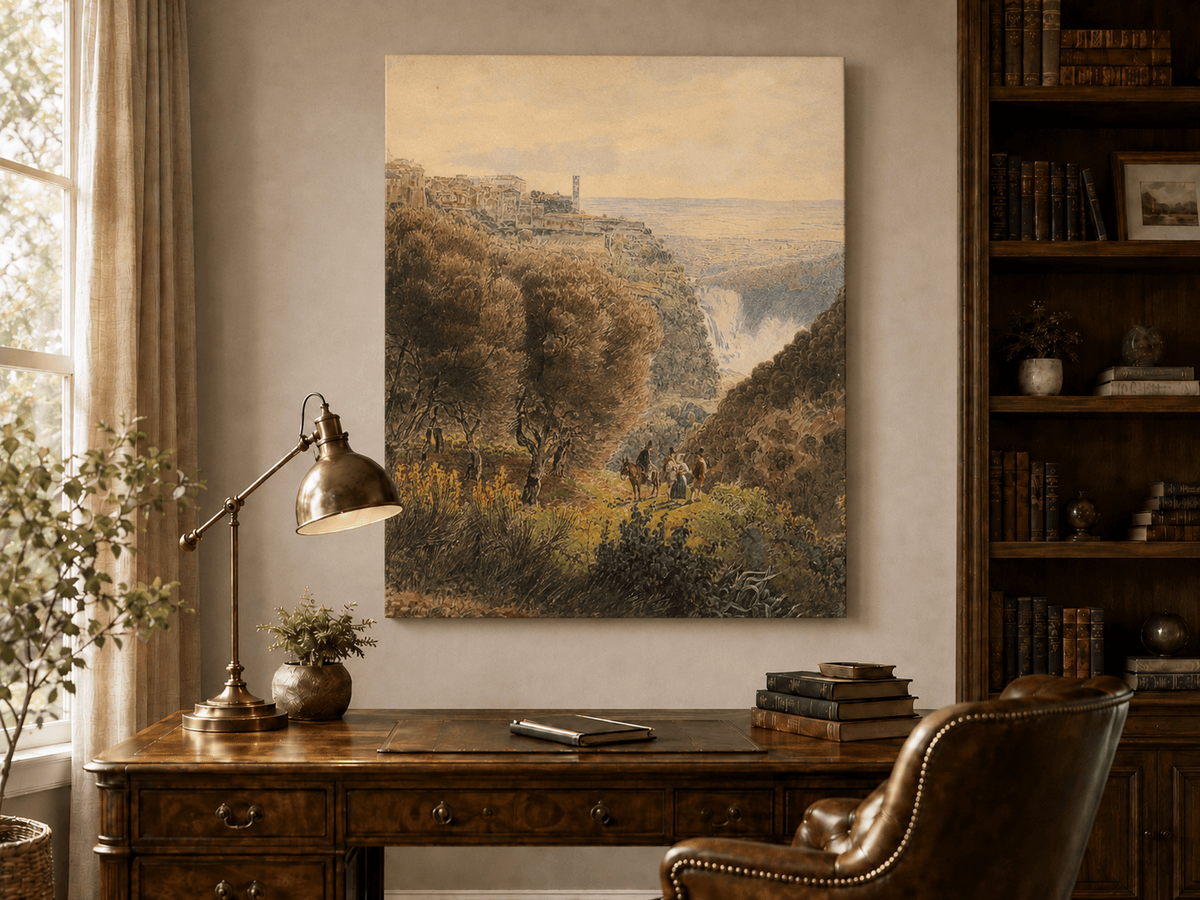 Landschaftsgemälde in Öl – Frühlingsfluss mit Fischer und Bäumen