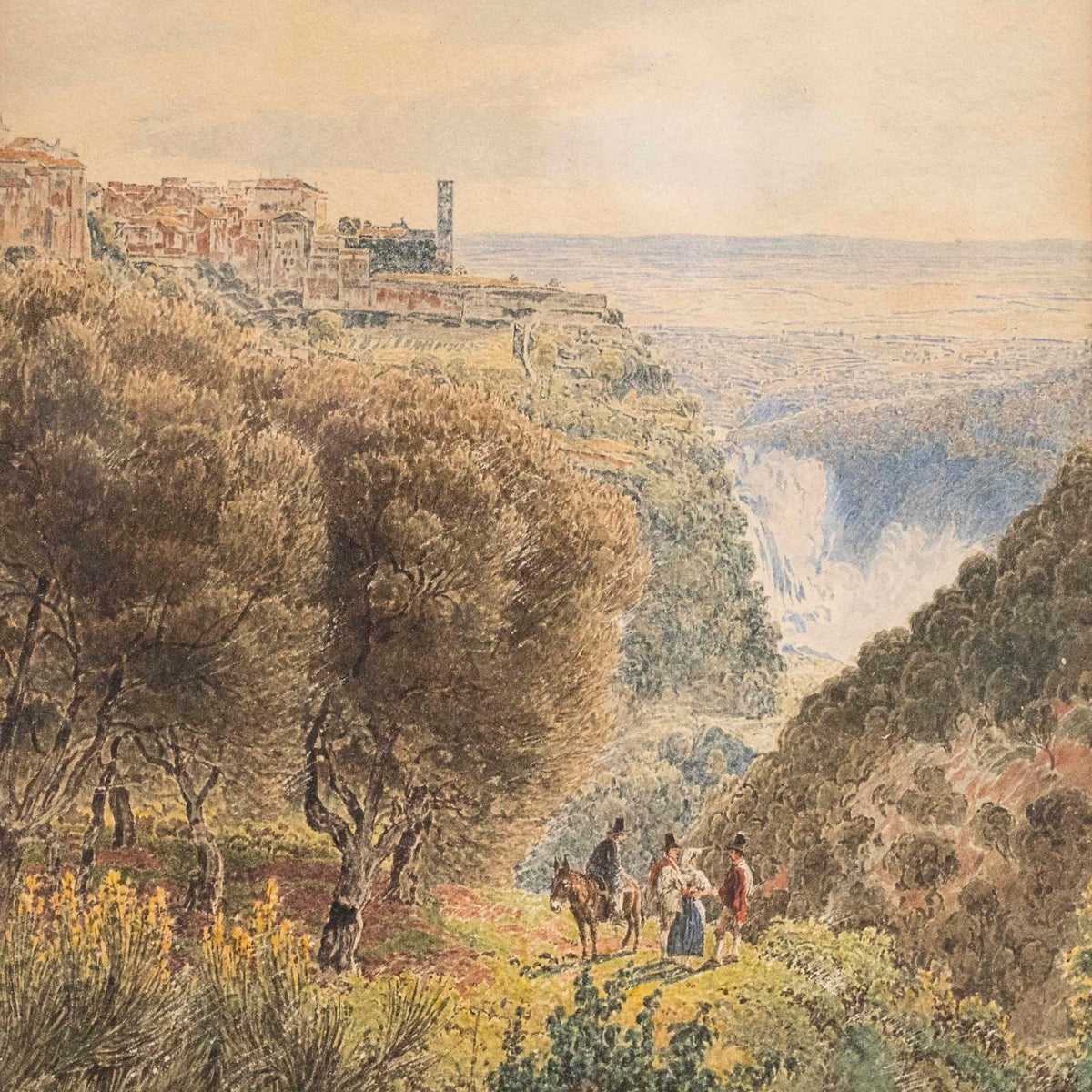 Hand-painted tivoli valley town and waterfall landscape oil painting on canvas