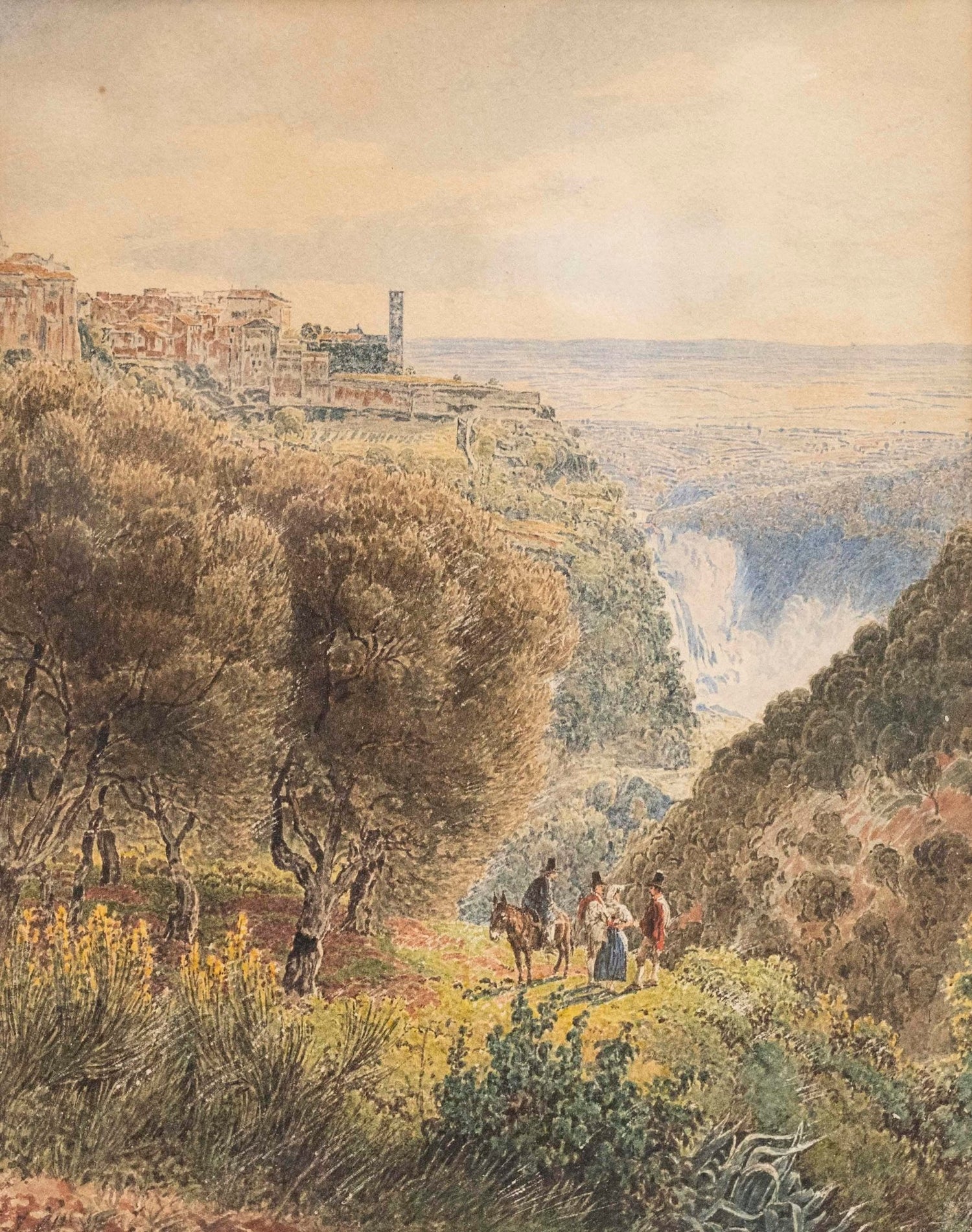 Hand-painted tivoli valley town and waterfall landscape oil painting on canvas
