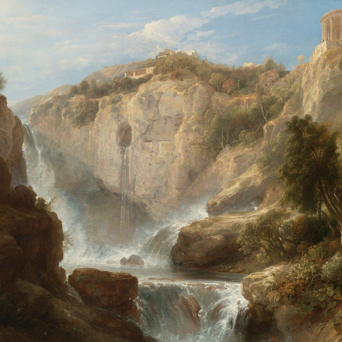 Hand-painted tivoli waterfalls and temple view landscape oil painting on canvas