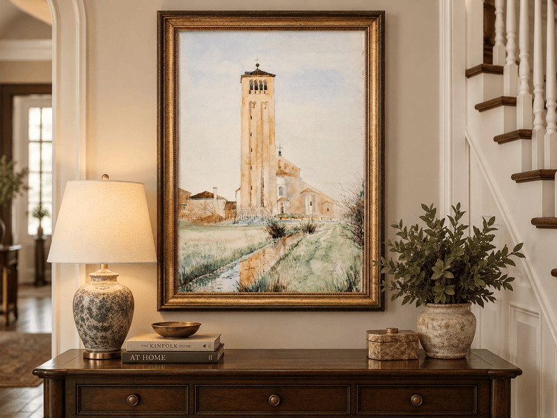 Peinture à l'huile de paysage - Rivière printanière avec pêcheur et arbres