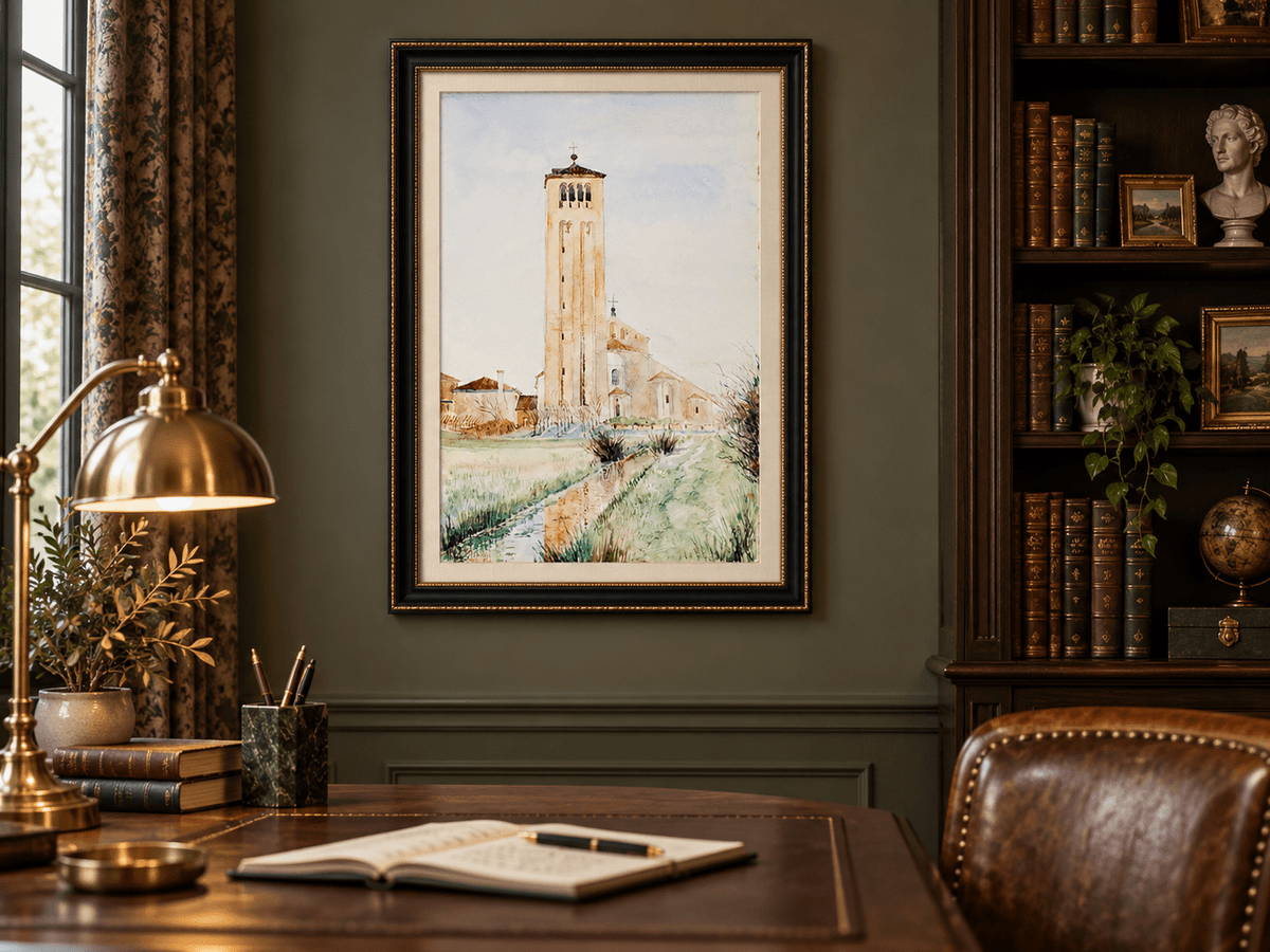 Peinture à l'huile de paysage - Rivière printanière avec pêcheur et arbres