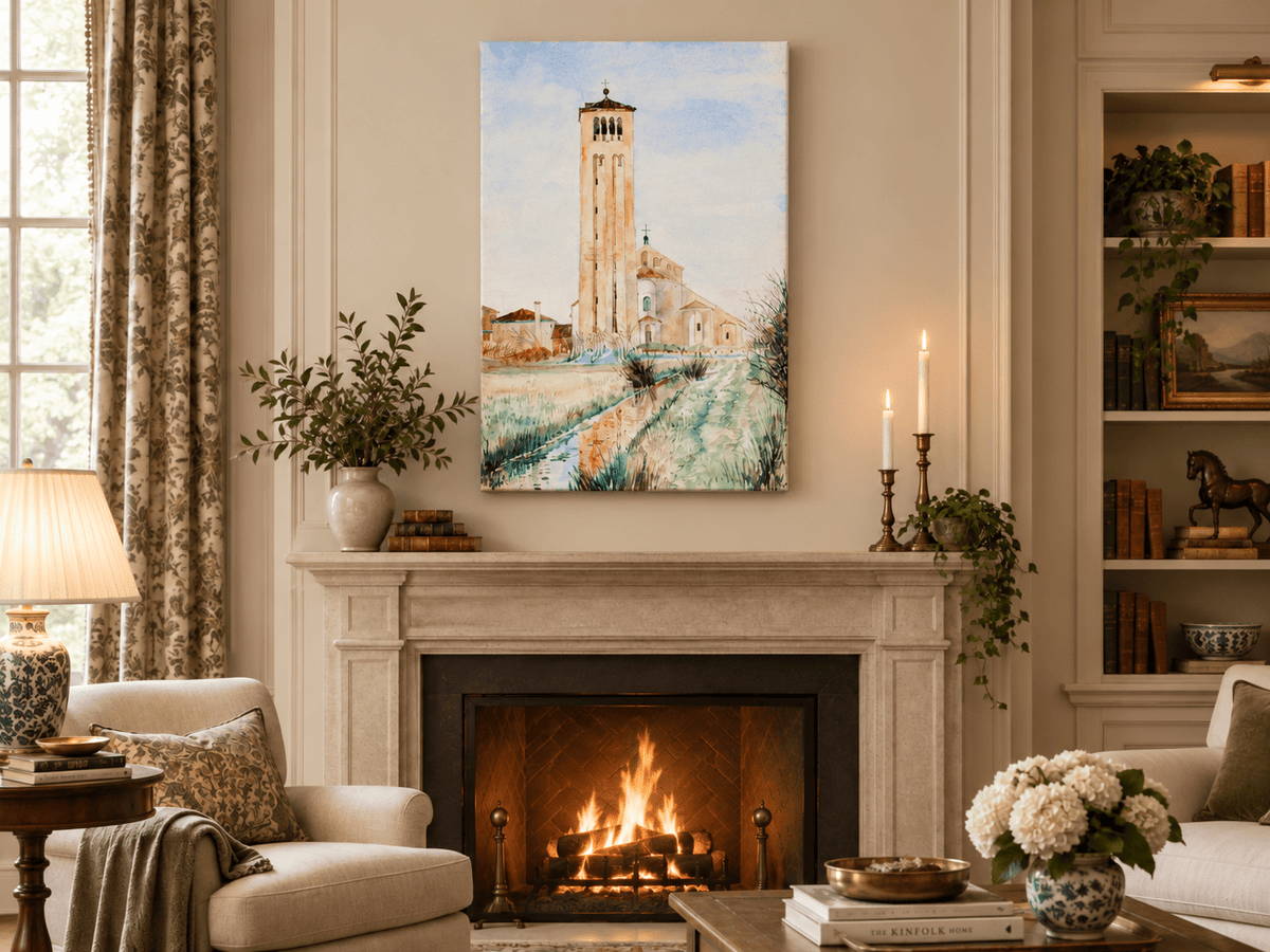 Peinture à l'huile de paysage - Rivière printanière avec pêcheur et arbres