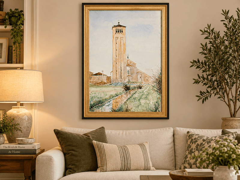 Peinture à l'huile de paysage - Rivière printanière avec pêcheur et arbres
