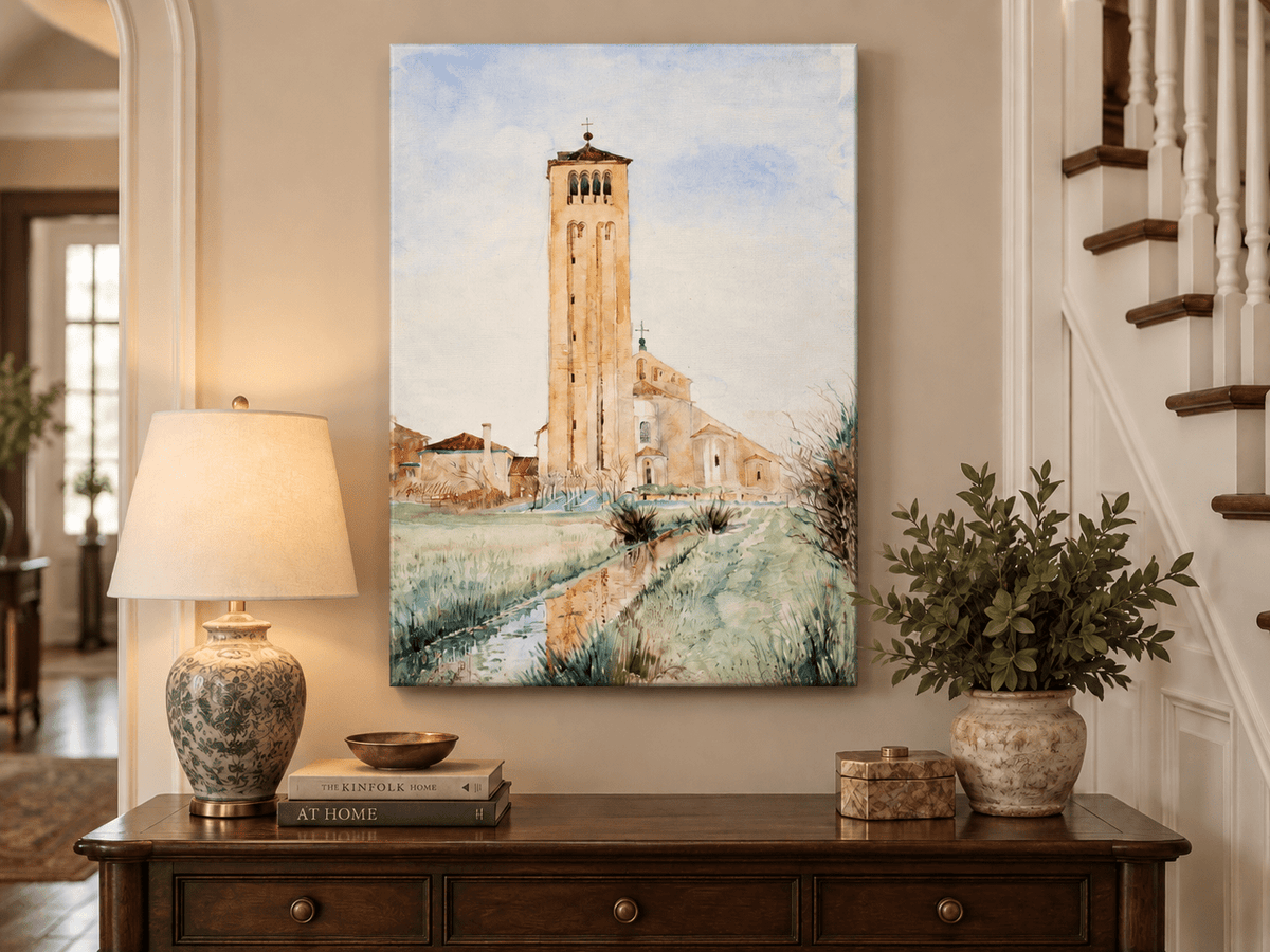 Peinture à l'huile de paysage - Rivière printanière avec pêcheur et arbres