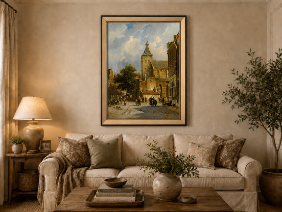 Town square with church and figures landscape oil painting displayed in a styled home interior.