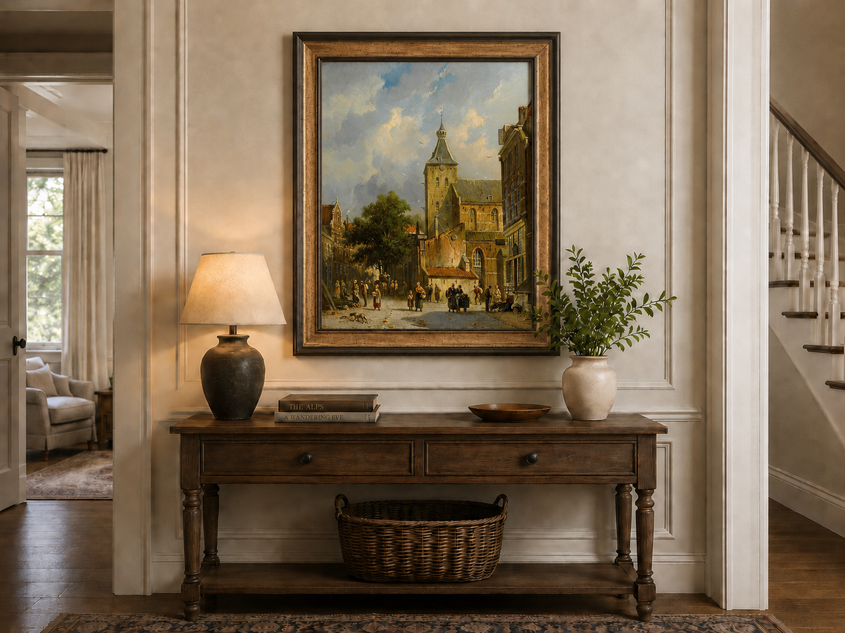 Town square with church and figures hand-painted oil artwork shown as home wall decor.