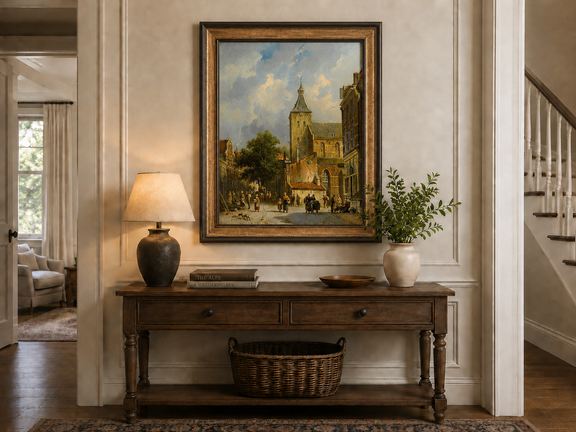Town square with church and figures hand-painted oil artwork shown as home wall decor.