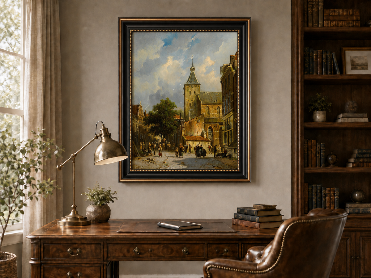 Town square with church and figures landscape oil painting presented in an interior wall art mockup.