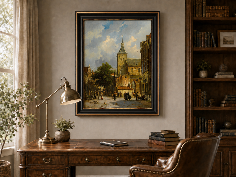 Town square with church and figures landscape oil painting presented in an interior wall art mockup.