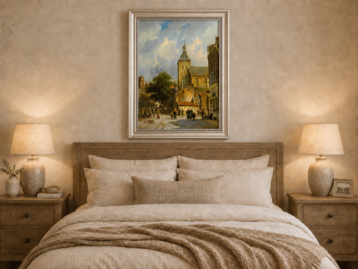Hand-painted town square with church and figures artwork displayed as decorative wall art.