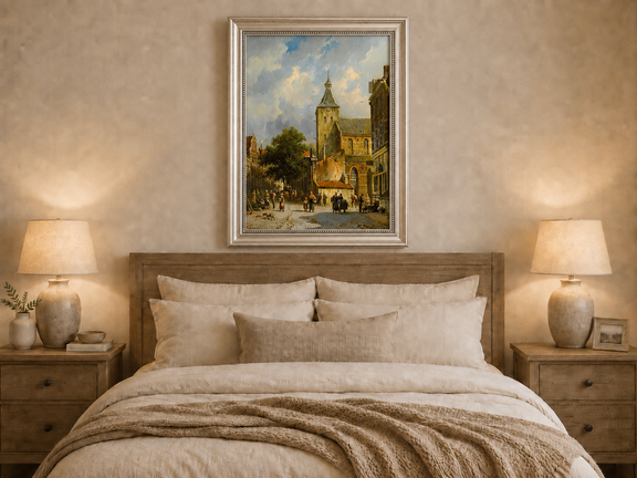 Hand-painted town square with church and figures artwork displayed as decorative wall art.