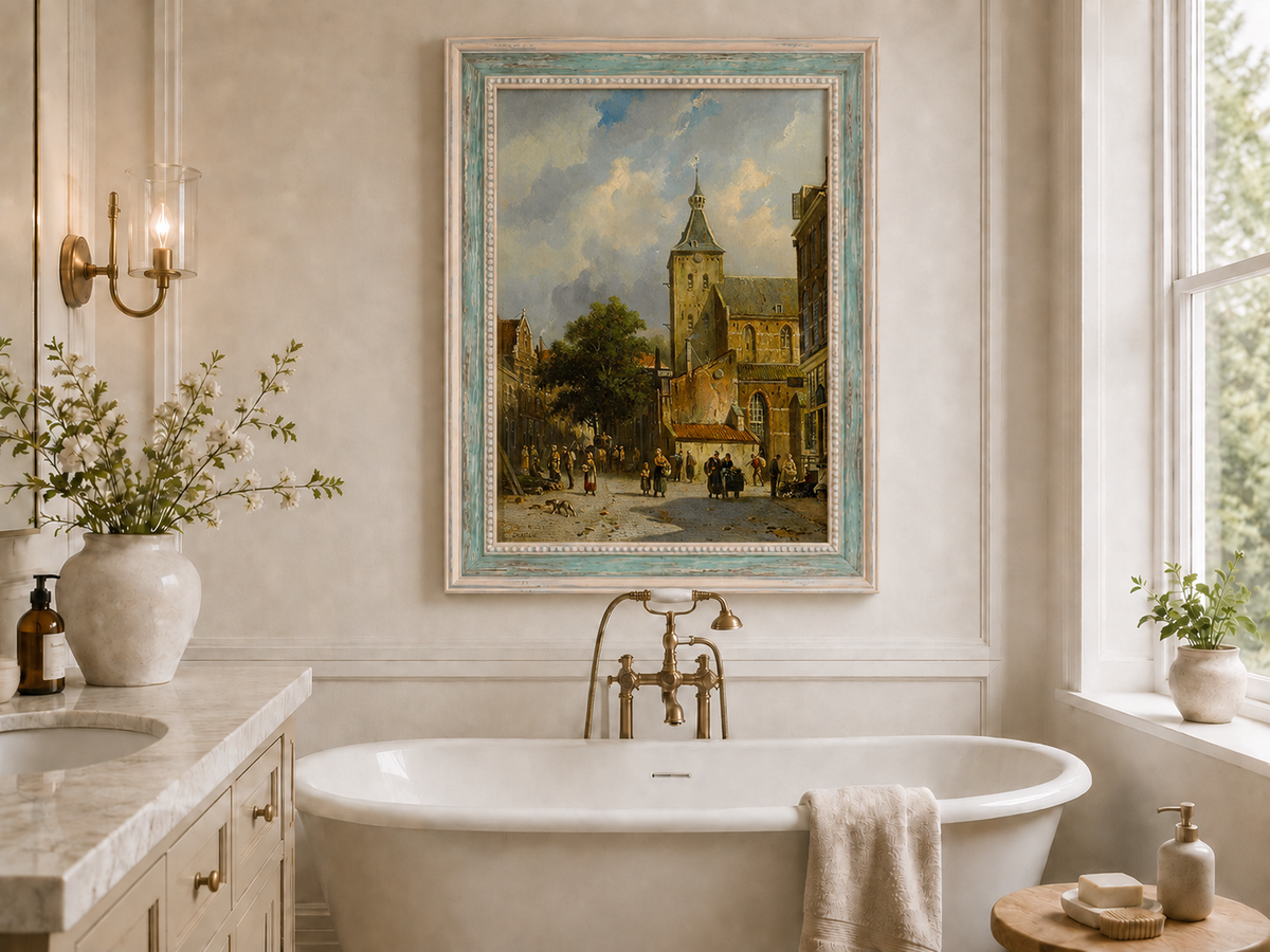 Town square with church and figures landscape oil painting presented as interior home decor.