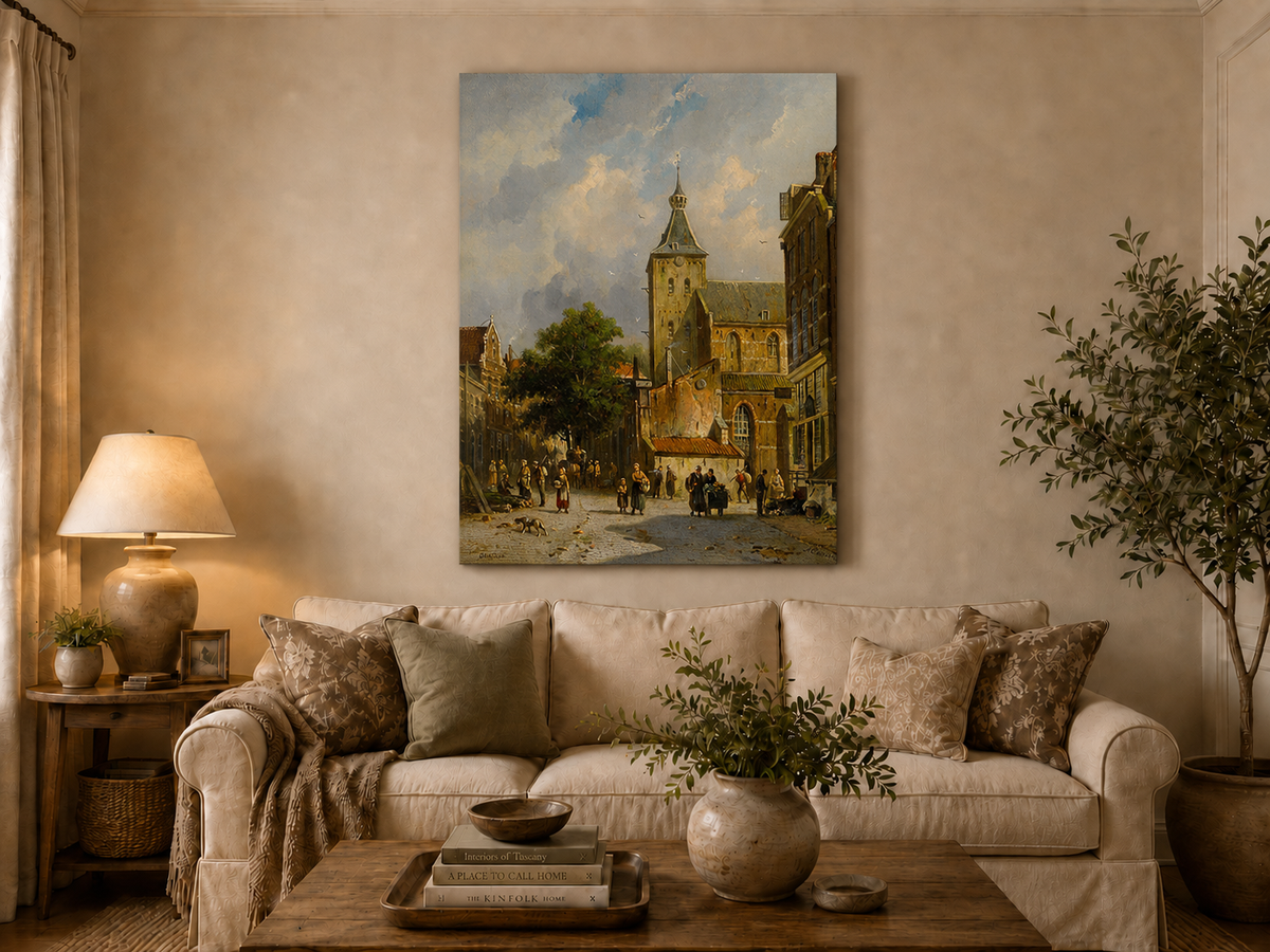 Town square with church and figures hand-painted oil artwork displayed in a second interior view.