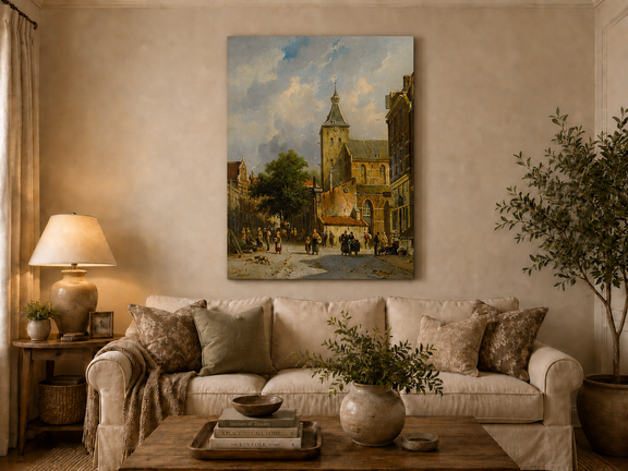 Town square with church and figures hand-painted oil artwork displayed in a second interior view.