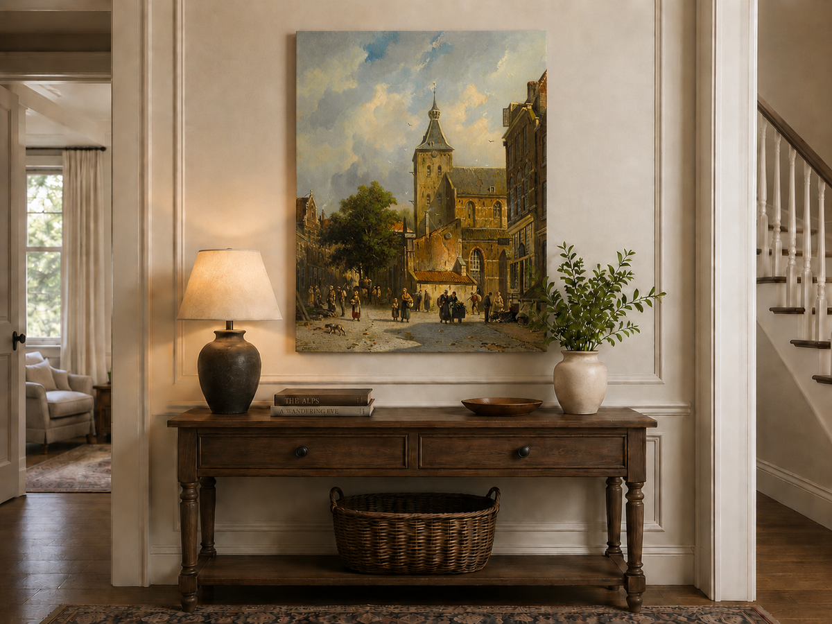 Town square with church and figures landscape painting shown as decorative oil wall art.