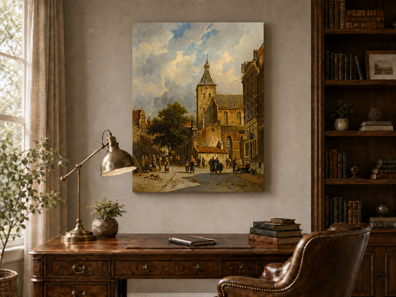 Interior wall art view featuring a town square with church and figures landscape oil painting.