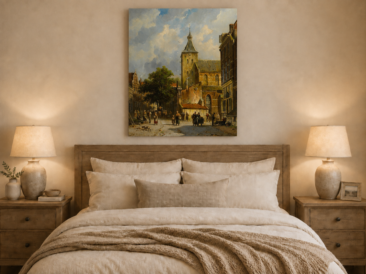Town square with church and figures oil painting displayed as landscape wall decor.
