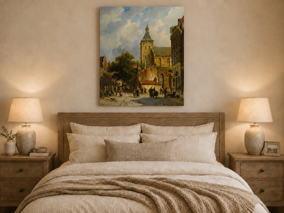 Town square with church and figures oil painting displayed as landscape wall decor.