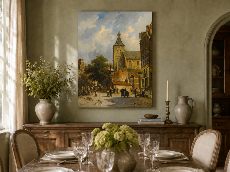 Hand-painted town square with church and figures landscape artwork in an interior display.