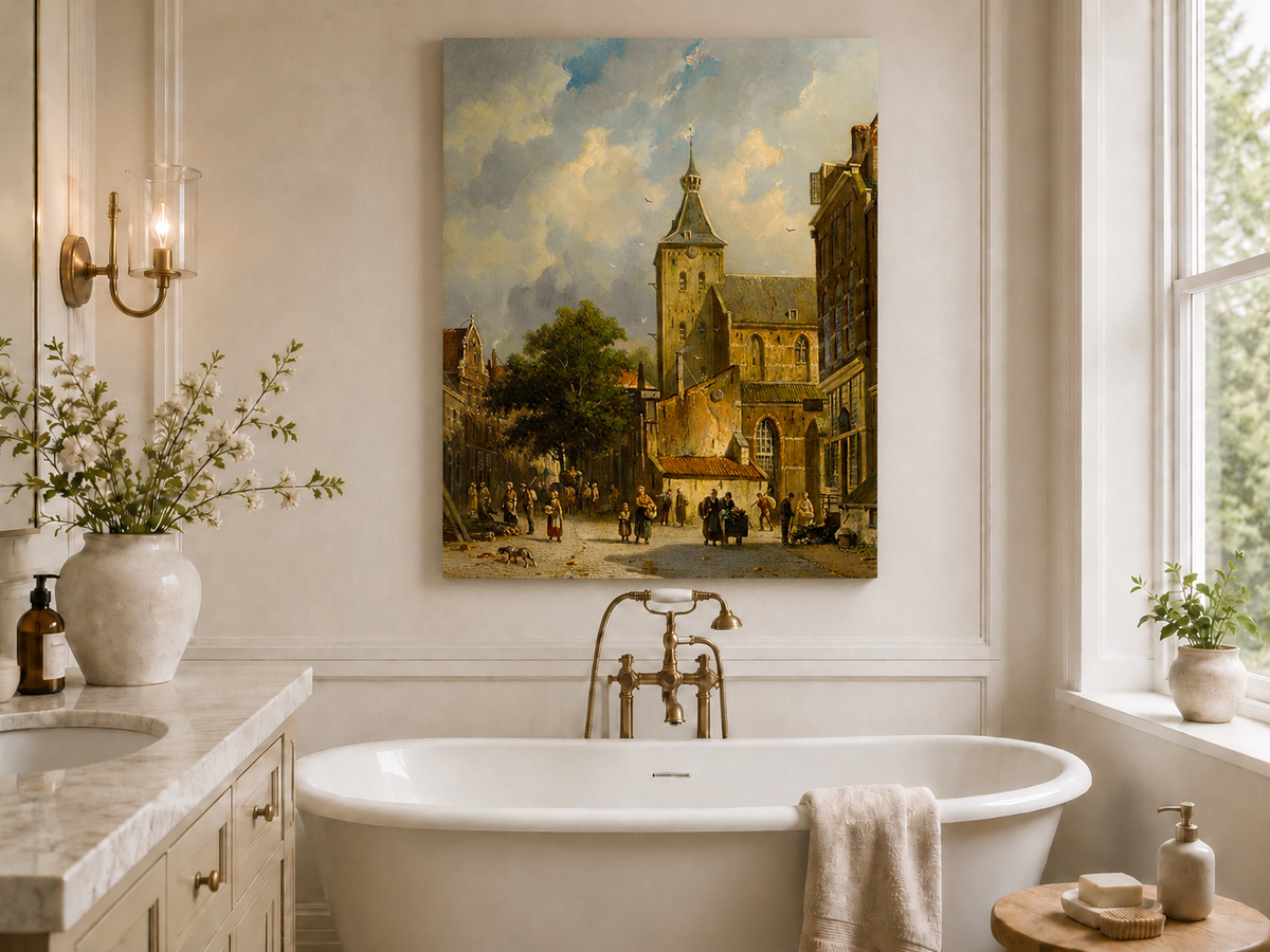 Town square with church and figures landscape oil painting presented as styled home decor.
