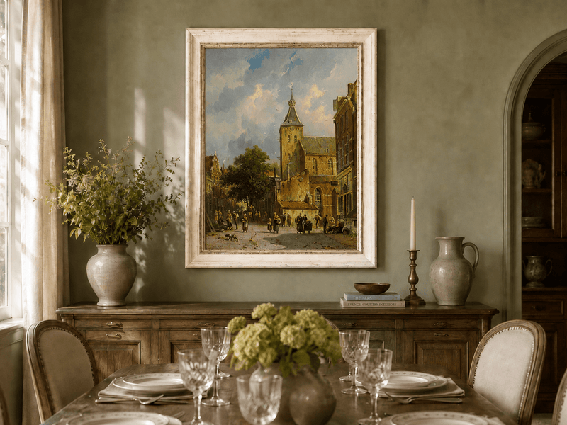Town square with church and figures oil landscape artwork shown in a styled home interior.