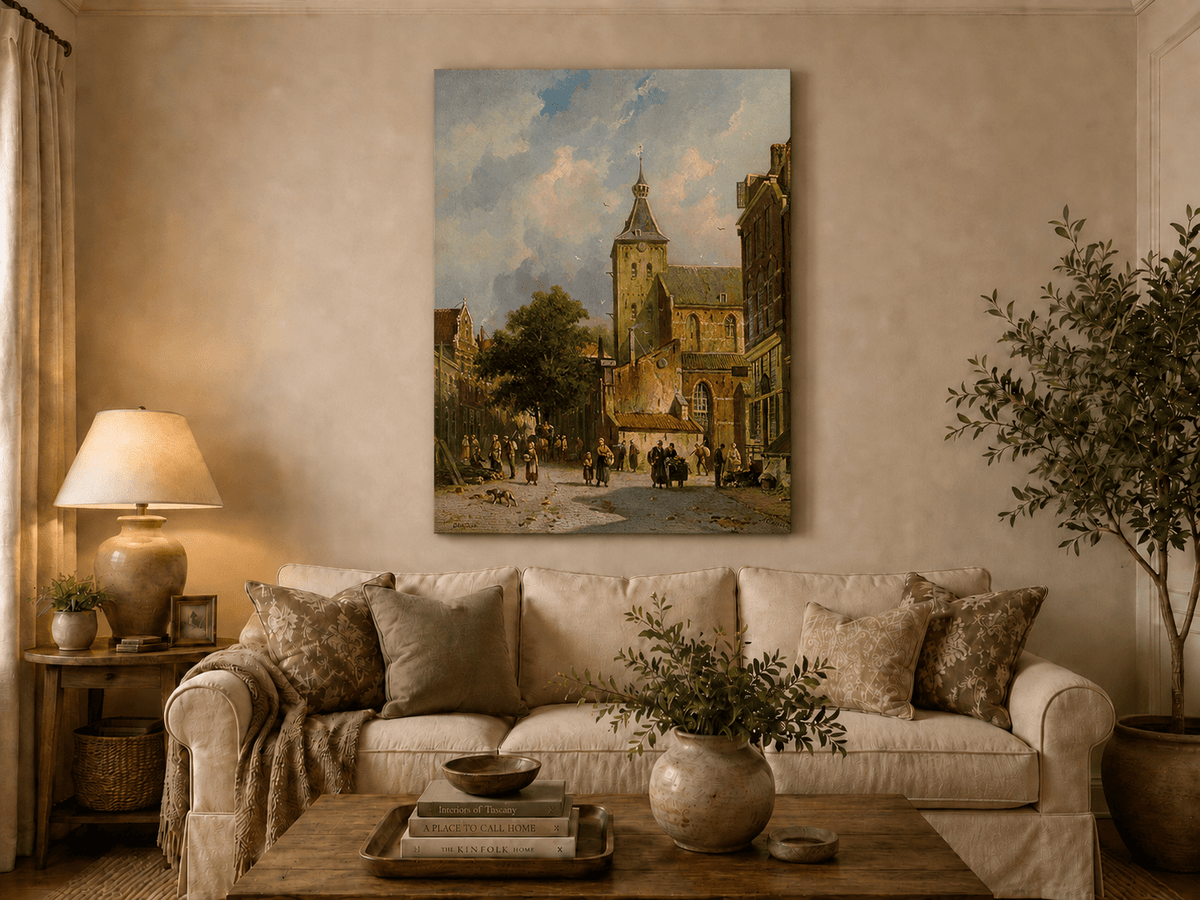 Town square with church and figures hand-painted oil artwork displayed in a second interior view.