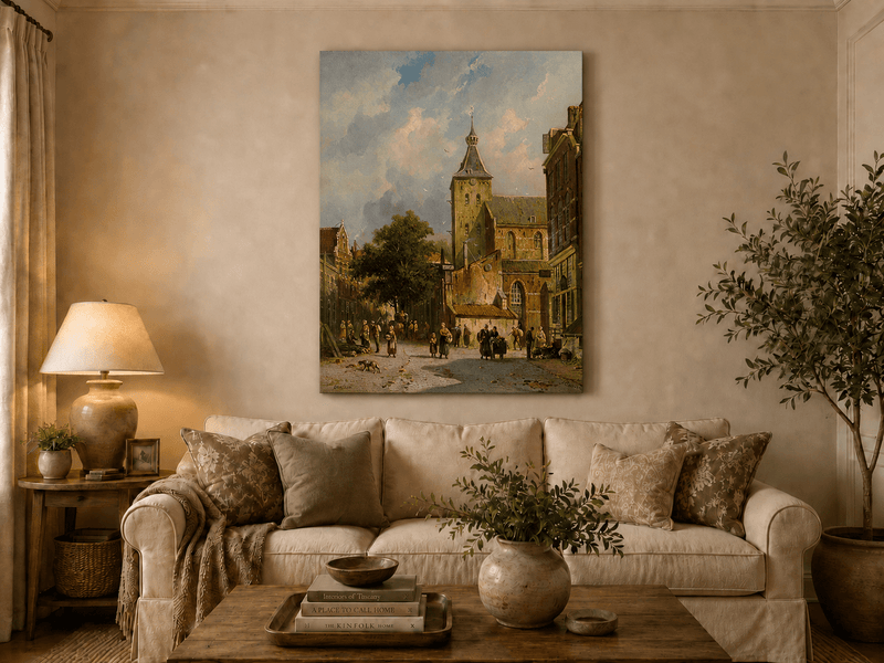 Town square with church and figures hand-painted oil artwork displayed in a second interior view.