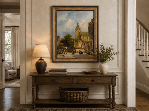 Town square with church and figures hand-painted oil artwork shown as home wall decor.